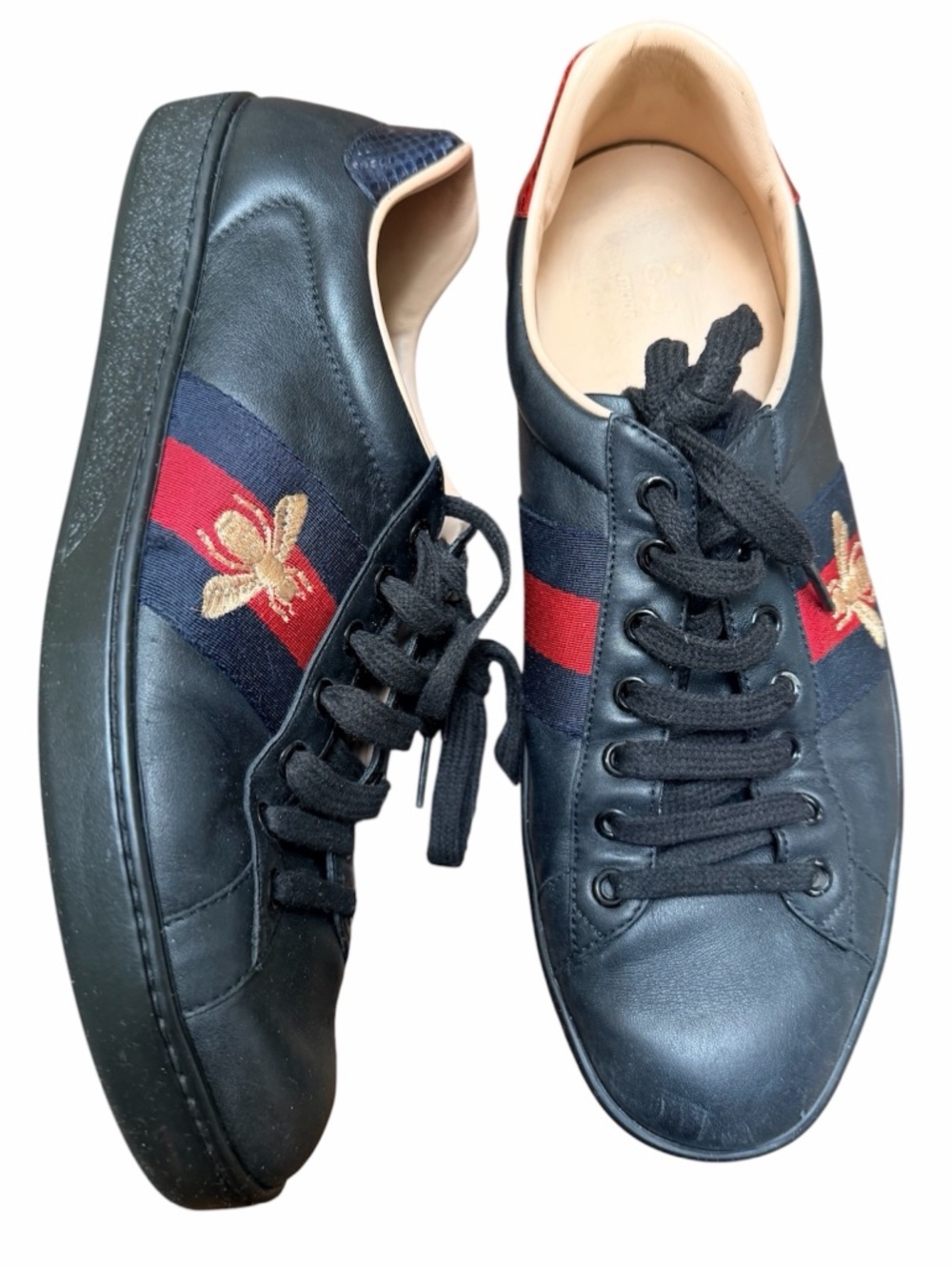 GUCCI Black Leather Ace Bee Embroidered Web Low Top Sneakers Mens Size 8